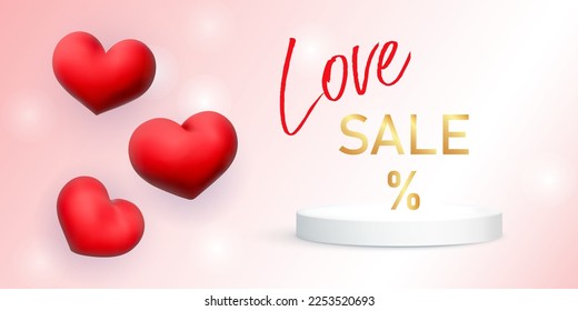 3d vector composition with podium, lettering Love Sale, red hearts, and pink gradient. Festive background is perfect for product advertising, shop flyers and posters on romantic holidays