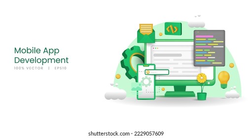 3d vector computer and smartphone with the concept of mobile application development.