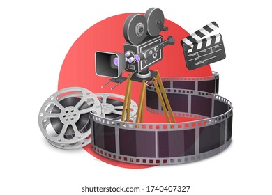 Concepto de vectores 3D de la composición de producción cinematográfica con clapperboard, tiras de película y cámara retro, cinematografía y cinematografía.