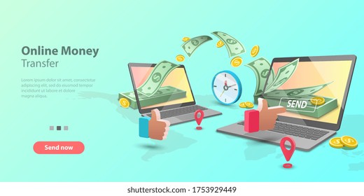 3d Vector concept illustration of mobile money transfer. Two laptops and bundle of the banknotes and coins are flying from one smartphone to the other. Template for website landing page.