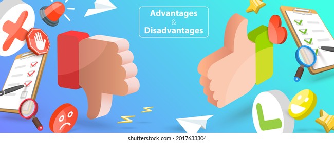 3D Vector Conceptual Illustration of Advantages And Disadvantages, Positive and Negative Arguments Consideration