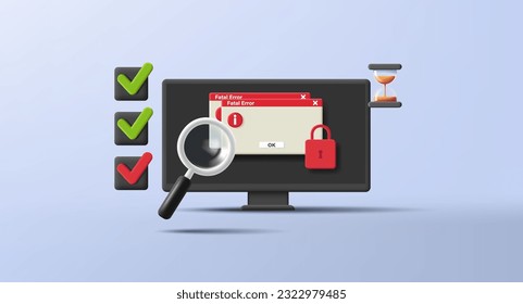 3D Vector Conceptual Illustration algorythm of actions when technical problem occures with pc and error screen with to do list check boxes