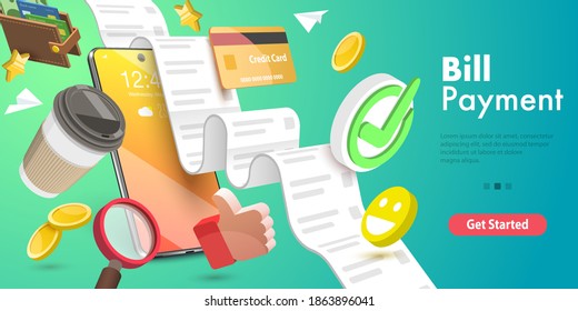 3D Vector Conceptual Illustration of Bill Payment, Mobile Banking App, Internet Shoping.