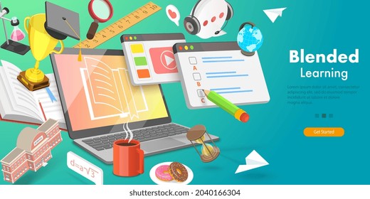 3D Vector Conceptual Illustration of Blended Learning Approach, Combining Online Education with Traditional Classroom Methods