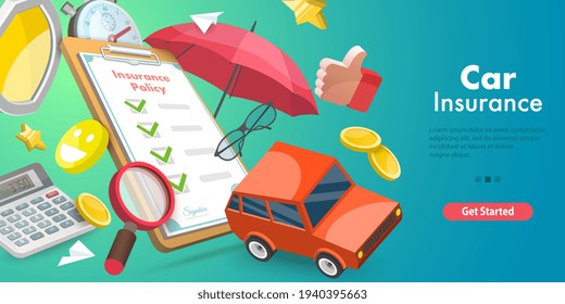 3D Vector Conceptual Illustration Of Car Insurance Policy.