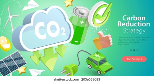 Ilustración conceptual de vectores 3D de la estrategia de reducción de carbono, uso alternativo de energía para eliminar el peligro ambiental