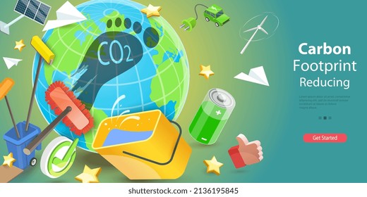 Ilustración conceptual de vectores 3D de la reducción de la huella de carbono, el calentamiento global y la recuperación ambiental