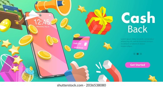 3D Vector Conceptual Illustration Of Cash Back, Online Shopping Bonuses And Loyalty Program