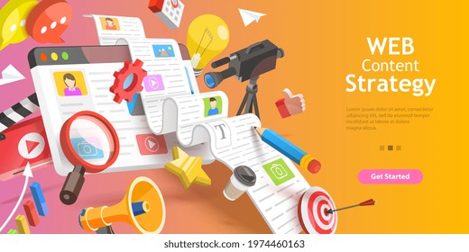 3D Vector Conceptual Illustration of Contect Creating Strategy, Digital Marketing Campaign