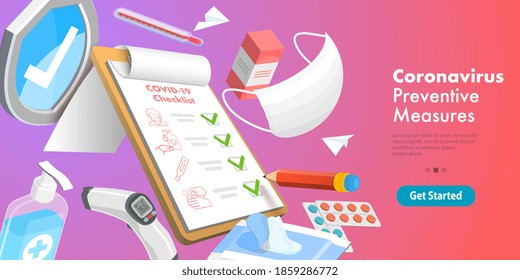 3D Vector Conceptual Illustration of Coronavirus Prevention Measures, Wear Medical Mask, Wash Hands, Check Temperature, Use Hand Sanitizer