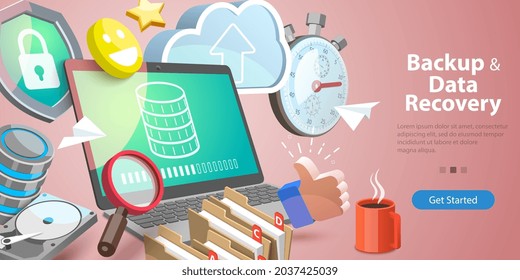 3D Vector Conceptual Illustration of Data Recovery Service, Cloud Backup Technologies