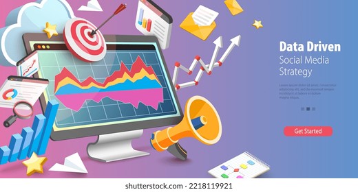 3D Vector Conceptual Illustration of Data Driven Social Media Strategy, Marketing Data and Web Analysis