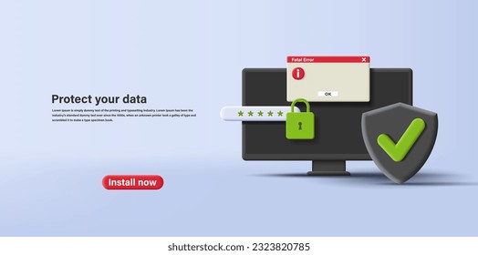 Protección de datos de Ilustración conceptual de vectores 3D con computadora pc y contraseña con bloqueo y escudo, seguridad digital