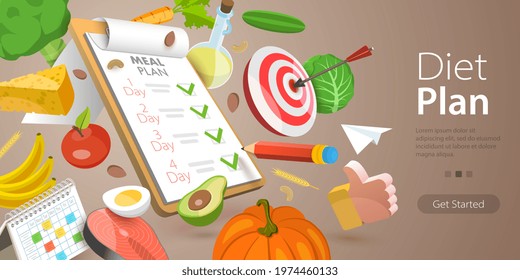 3D Vector Conceptual Illustration Of Diet Plan, Healthy Nutrition Program, Good Eating Habits