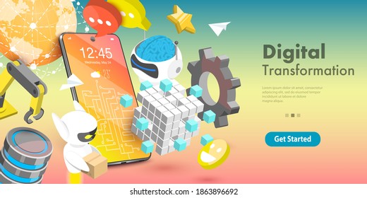 3D Vector Conceptual Illustration of Digital Transformation Areas Which are Big Data, Networking, Automation, Communication, IoT, Robotics, AI, Technology.