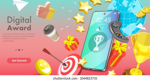 3D Vector Conceptual Illustration of Digital Competition Award, Online Championship Prize, Mobile App Gamification