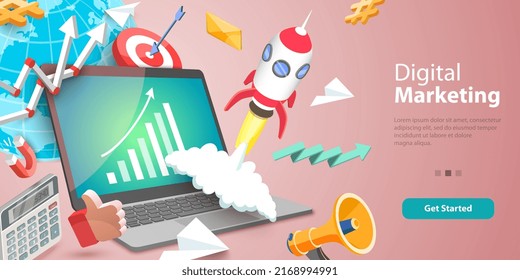 3D Vector Conceptual Illustration of Digital Marketing, Content Strategy and Management