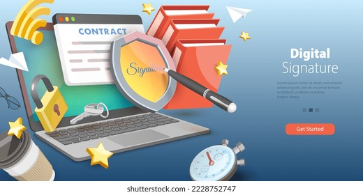 3D Vector Conceptual Illustration of Digital Signature, Online Document Signing