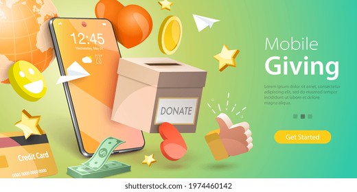 3D Vector Conceptual Illustration of Donation Money, Mobile Charity Apps, Online Easy Giving