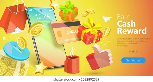 3D Vector Conceptual Illustration of Earn Cash Reward, Loyalty and Referral Marketing Program