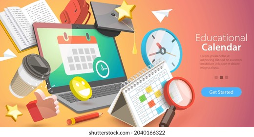 3D Vector Conceptual Illustration Of Education Digital Calendar, Online Learning