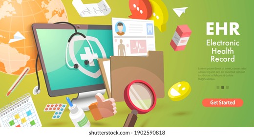 3D Vector Conceptual Illustration Of EHR - Electronic Health Record, Electronically-Stored Patient Health Information, Medical History.