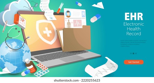 3D Vector Conceptual Illustration of EHR as Electronic Health Record, Medical Patient Data Storage System