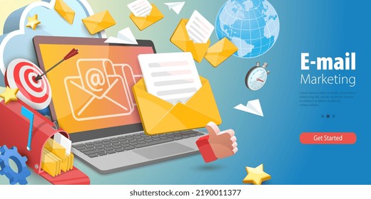 Ilustración conceptual de vectores 3D del marketing por correo electrónico, suscripción al servicio de boletines