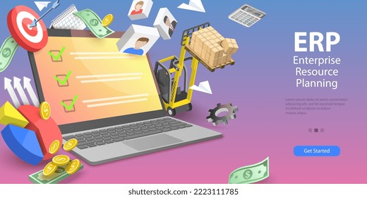 3D Vector Conceptual Illustration of ERP - Enterprise Resource Planning, Inventory Management and Supply Chain