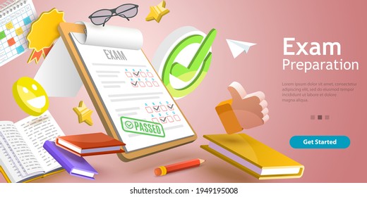 3D Vector Conceptual Illustration of Exam Passed, Testing Preparation.