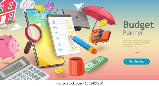 3D Vector Conceptual Illustration of Family Budget Management, Mobile App for Financial Calculations and Planning.