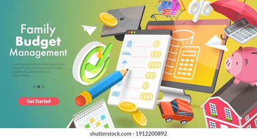 3D Vector Conceptual Illustration of Family Budget Management, Software for Financial Calculations and Planning.