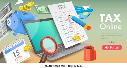 3D Vector Conceptual Illustration of Financial Tax Report, Tax Return Calculation.