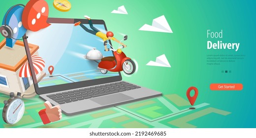 3D Vector Conceptual Illustration of Food Delivery, Takeaway Online Ordering