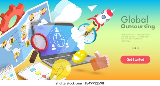 3D Vector Conceptual Illustration of Global Outsourcing, Company Remote Management, Distributed Team, Freelance Job.