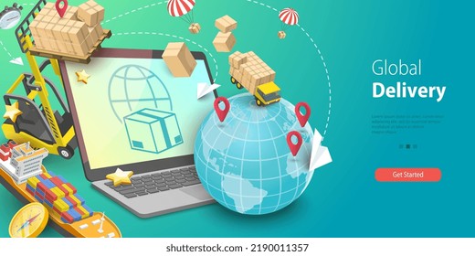 Ilustración conceptual de vectores 3D del servicio de entrega global, sistema de seguimiento de carga
