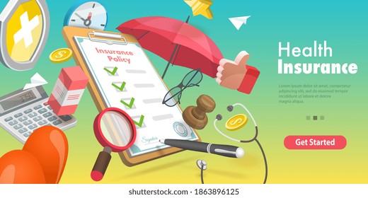 3D Vector Conceptual Illustration of Health Insurance, Healthcare and Medical Service.