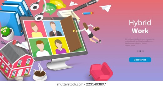 3D Vector Conceptual Illustration of Hybrid Job, Online or Oflfine Workplace