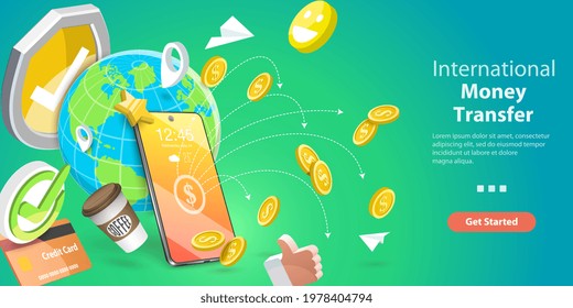 3D Vector Conceptual Illustration of International Money Transfer, Global Mobile Financial Transaction