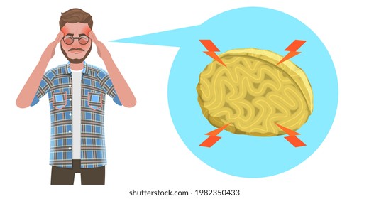 3D Vector Conceptual Illustration of Man Suffering From Migraine, Grimace of Severe Headache