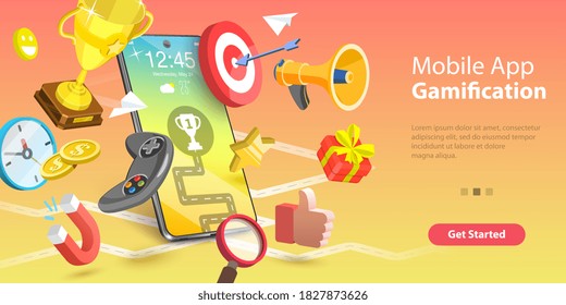 3D Vector Conceptual Illustration of Mobile App Gamification, Interactive Content For Audience Engaging, Encouraging Customers to Earn Rewards.