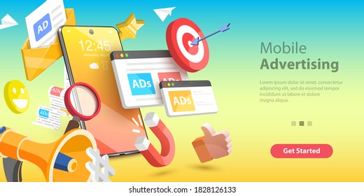 3D Vector Conceptual Illustration of Mobile Advertising, Social Media Campaign, Digital Marketing.