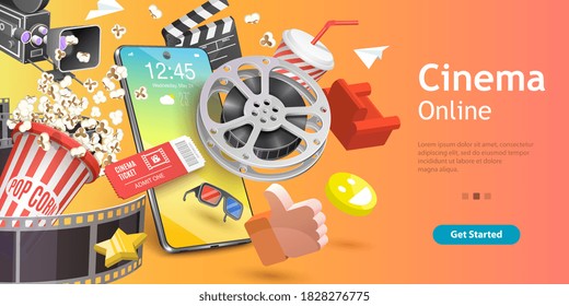 3D Vector Conceptual Illustration of Mobile Cinema, Online Movie App, Cinematography and Filmmaking, Ticket Ordering.