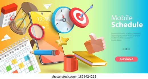 3D Vector Conceptual Illustration of Mobile Scheduling App, Online Time Management Service.