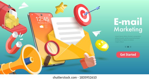 3D Vector Conceptual Illustration of Mobile Email Marketing and Advertising Campaign, Newsletter and Subscription, Digital Promotion, Sending a AD Message.