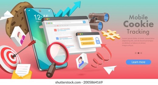 3D Vector Conceptual Illustration Of Mobile Cookie Tracking, Website Privacy Policy