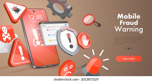 3D Vector Conceptual Illustration of Mobile Fraud Warning, Online Scam Alert
