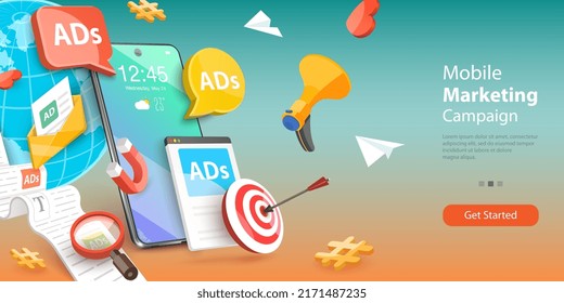 3D Vector Conceptual Illustration of Mobile Marketing Campaign, Social Media Platform