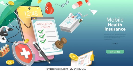 3D Vector Conceptual Illustration of Mobile Health Insurance, Online Policy Document