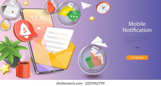 3D Vector Conceptual Illustration of Mobile Notification, New Message or Unread Email